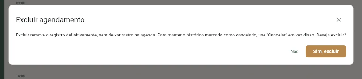 Confirmação Excluir agendamento com os botões Não e Sim, excluir