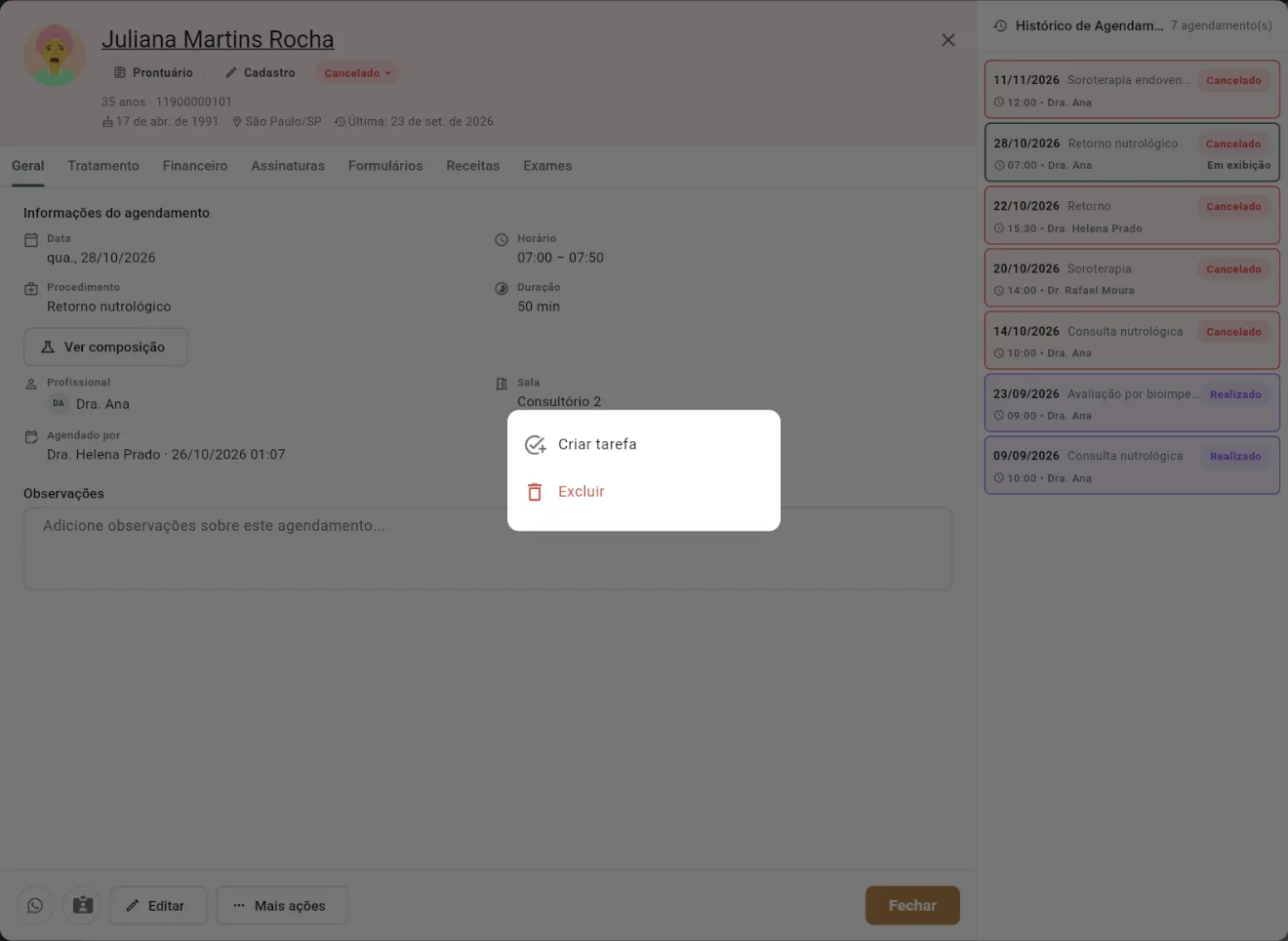 Ficha do agendamento com o menu Mais ações aberto e a opção Excluir