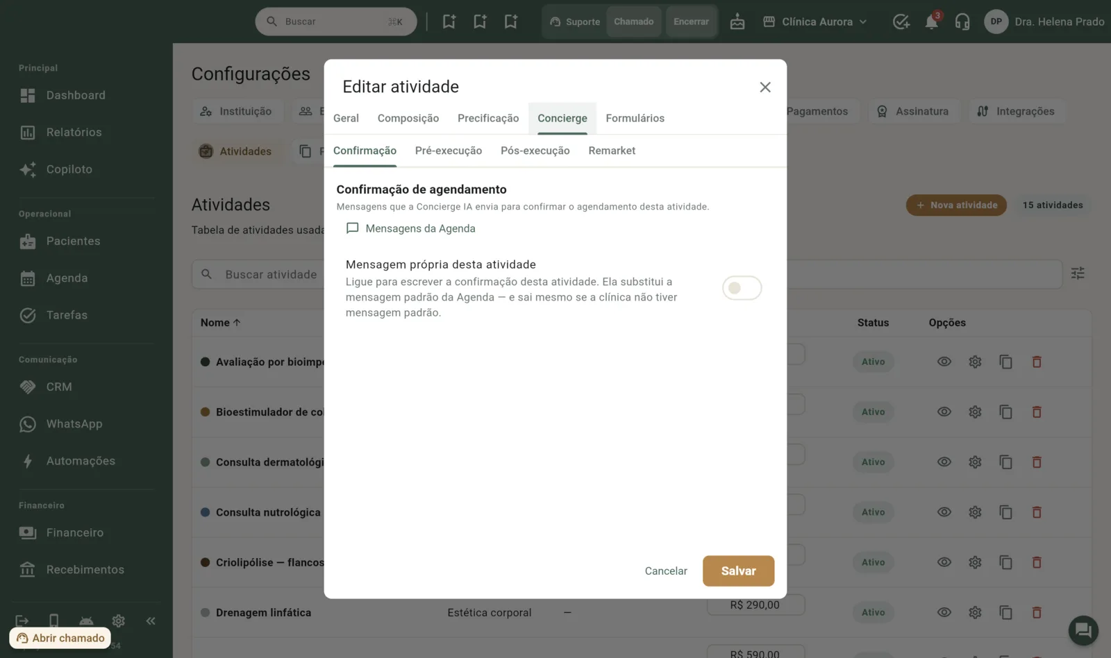 Editar atividade → aba Concierge, com os quatro momentos