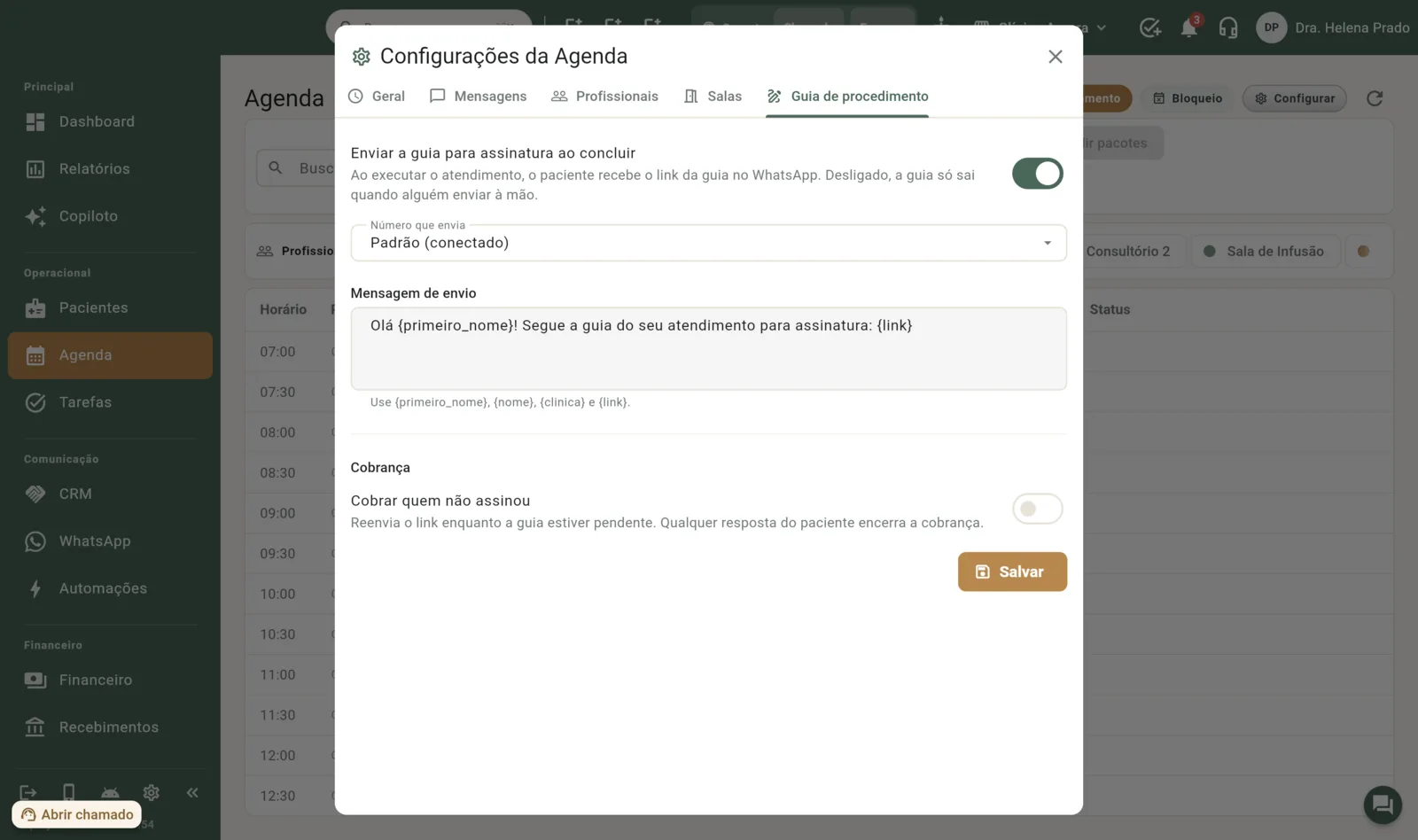 Agenda → Configurar → Guia de procedimento