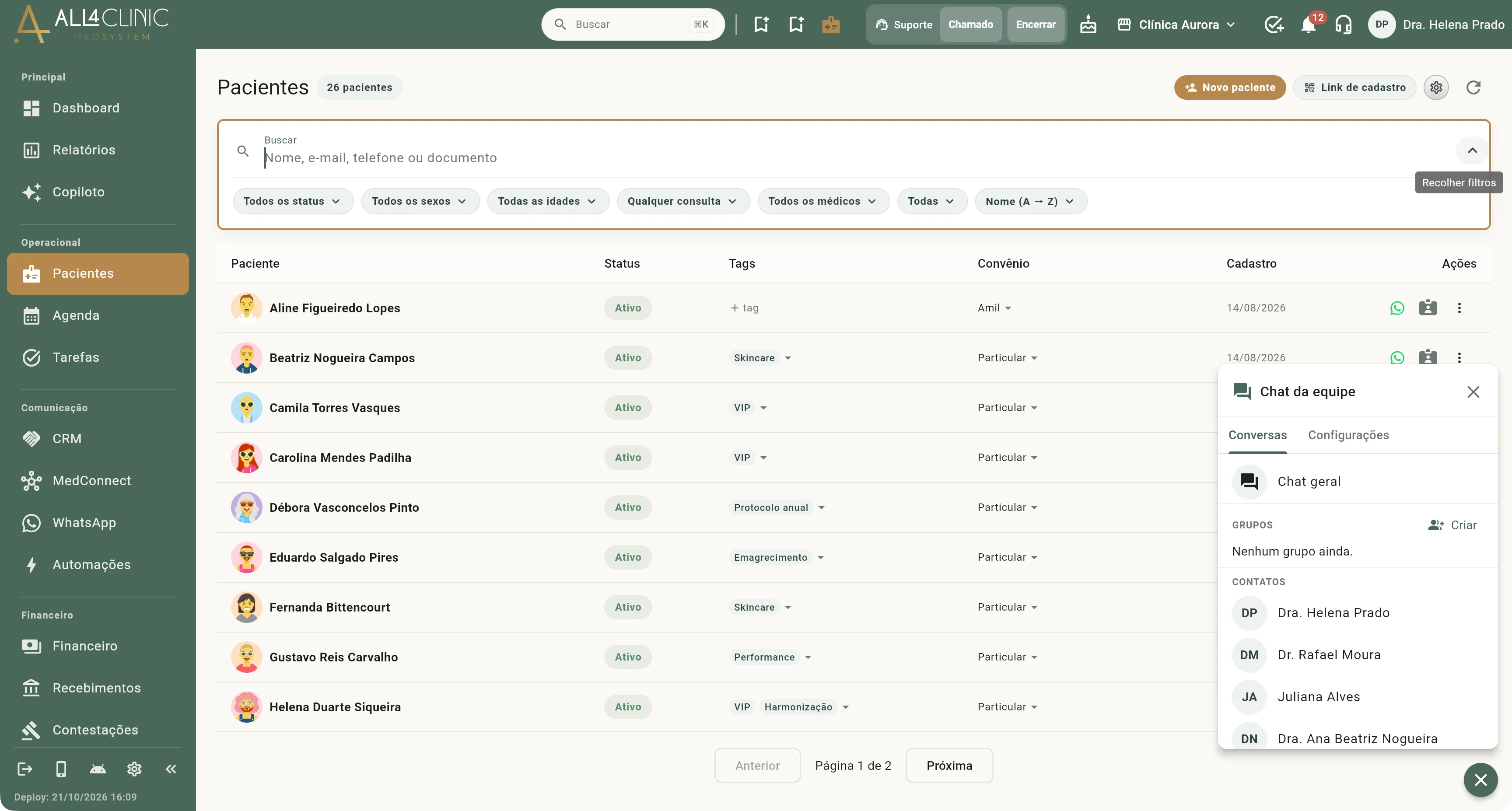 Filtros da lista de pacientes