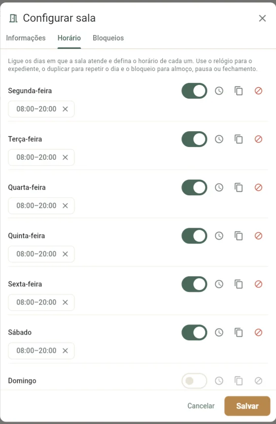 Janela Configurar sala, aba Horário, com os dias da semana e o expediente de cada um
