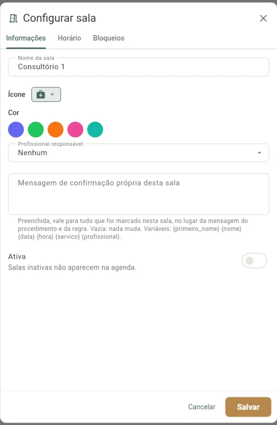 Janela Configurar sala, aba Informações, com nome, ícone, cor, profissional responsável, mensagem de confirmação e a chave Ativa