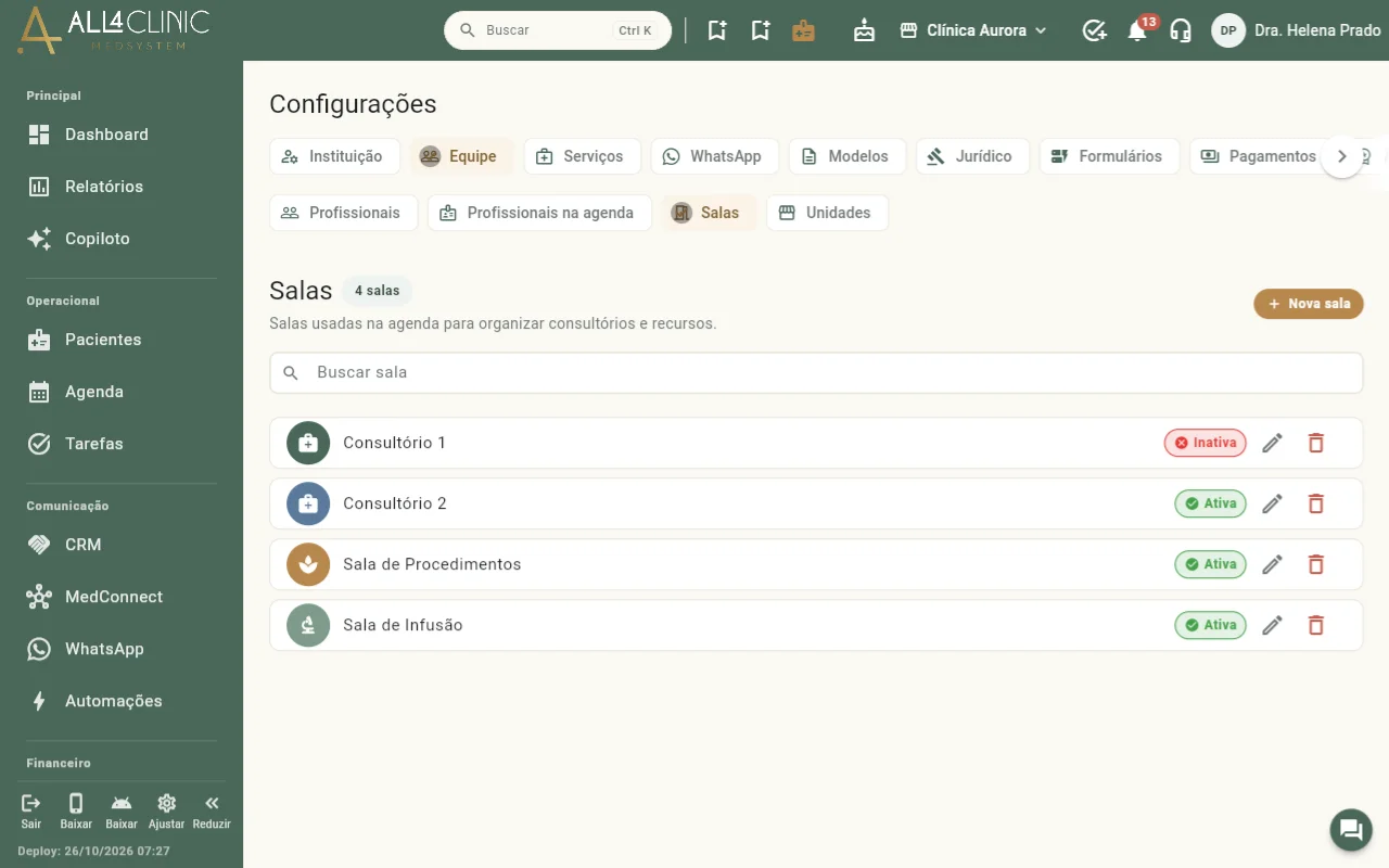 Lista de salas em Configurações, com status, botão de editar e de excluir